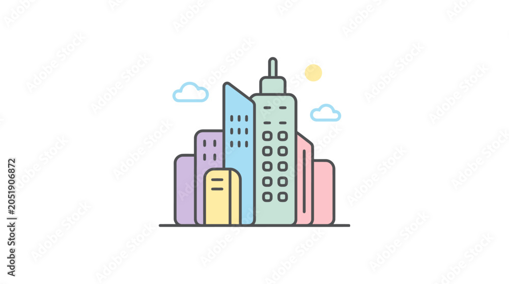 Obraz premium Colorful illustration of city skyline against a white background
