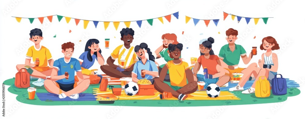 Fototapeta premium Diverse group of young friends watching a soccer game at an outdoor picnic party. Flat vector illustration of a multicultural community enjoying sports and food together.