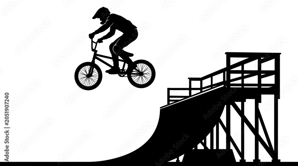 Naklejka premium BMX rider jumping on ramp silhouette, extreme sports action, white background