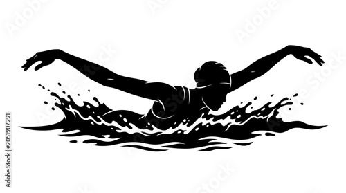 Silhouette of a swimmer performing the butterfly stroke in splashing water
