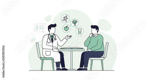 Doctor consulting patient about healthy lifestyle, diet, and exercise with icons