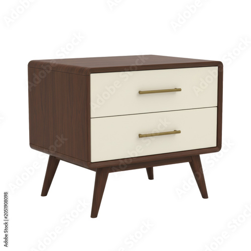 a stylish classic mid-century modern dark walnut nightstand with cream flat-front drawers and minimalist brass pulls, isolated on a white background, concept of commercial furniture elegance