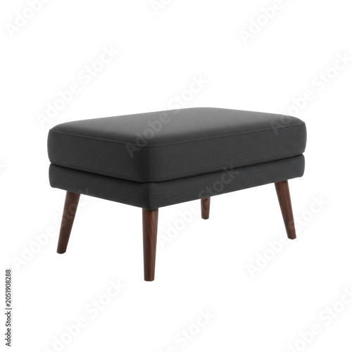 Dark charcoal gray mid-century modern ottoman with walnut tapered legs, displayed in a sterile white commercial studio setting, high-key product photography concept