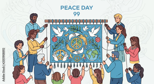 Foto Diverse People Weaving Peace Day Banner Together