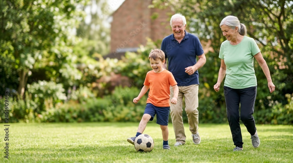 Obraz premium Grandparents and Grandchild Playing Soccer Together in Backyard Garden on Sunny Day