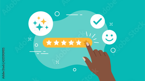 Photos A dark-skinned hand selects the fifth star on a bright yellow rating bar, leavin