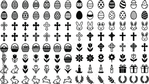 Tableau sur toile Easter holiday silhouette icon set featuring decorated eggs, crosses, bunnies, f