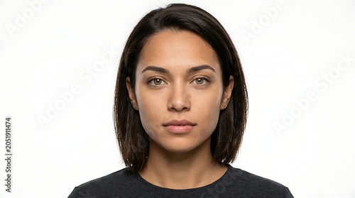Portrait of a young woman with brown hair and hazel eyes looking directly at the camera on a white background