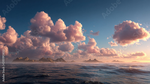 Sunset ocean pink cloud sea horizon island silhouette calm water tropical seascape dusk sky dramatic cloud golden light digital art