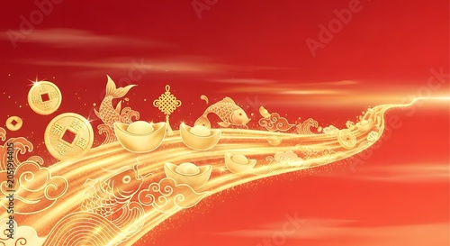 Traditional Chinese New Year Festive Background Featuring Golden Lucky Prosperity Symbols and Ornate Decorative Elements on a Vivid Red Backdrop