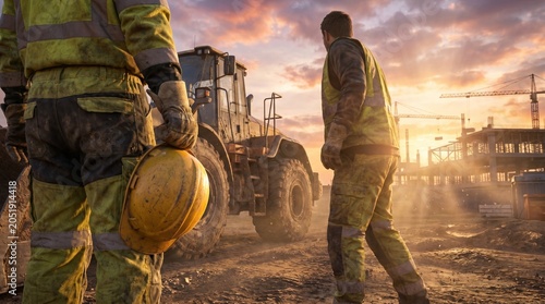 Heavy Machinery and Construction Worker on Active Development Site at Sunset