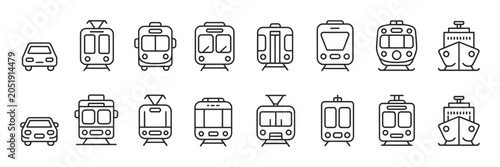 Vehicle Types Line Icons, transport pictogram symbols, public transit and travel graphics, car, bus, railway train, metro, ship and aircraft vector illustration.