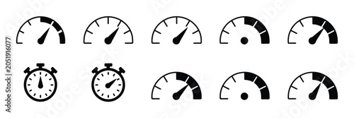 Speedometer Gauge Icons, speed indicator symbols, car dashboard measurement meters, black and white vector illustration, automotive performance design.