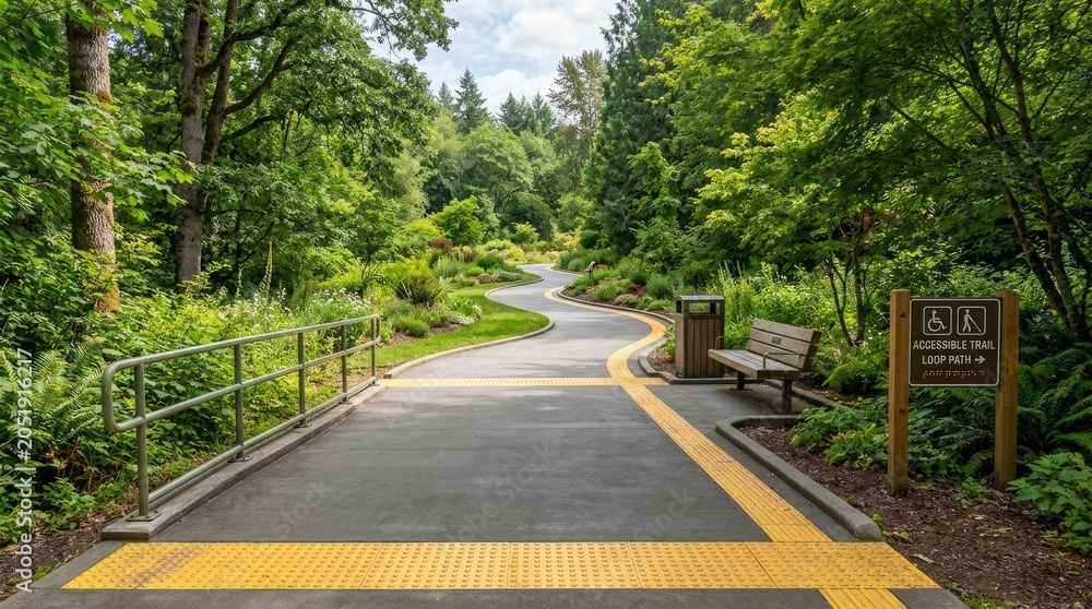 Fototapeta premium An accessible loop path winds through a lush, green forest. A gray concrete pathway with yellow textured lines guides visitors along the trail.