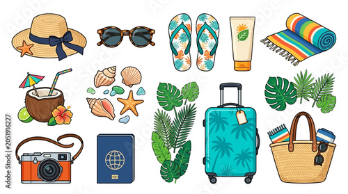 Tropical Summer Travel Essentials Collection Arranged for Vacation Preparation and Luxury Holiday Lifestyle Concept