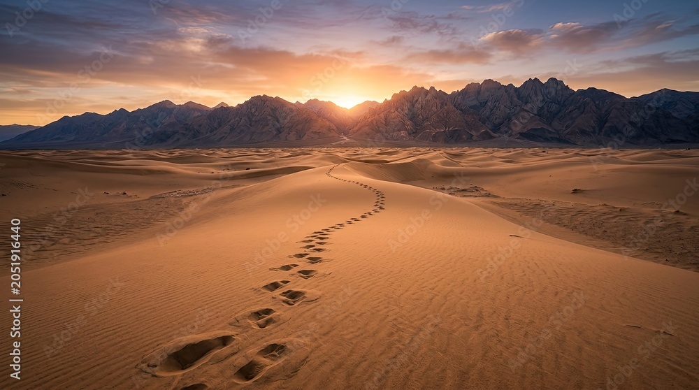 Fototapeta premium A lone figure walks a winding path through a vast desert dune field.