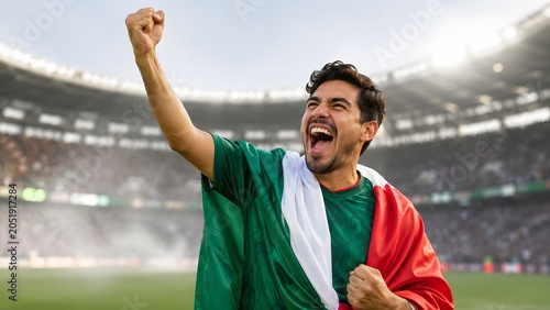 Joyful Mexican football fan with national flag raised fist celebrating championship win at stadium