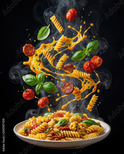 Fresh fusilli pasta with tomatoes and basil flying above a plate with steam rising