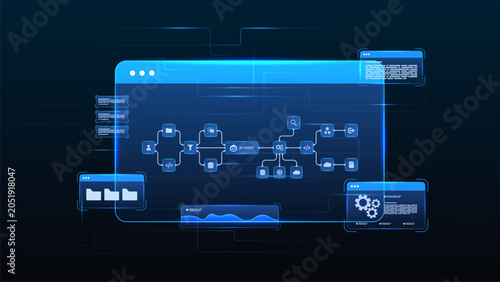 AI workflow automation artificial intelligence. ai agent network diagram dashboard with data analytics, digital document, coding and automation system.