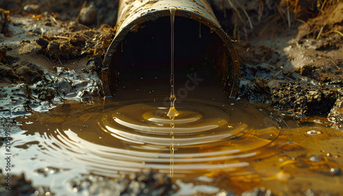 Close-up of oily liquid dripping from a pipe into murky water.