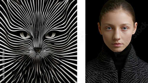 Symmetry and Contrast: Artistic Cat Design with Striking Portrait of Young Woman in Monochrome