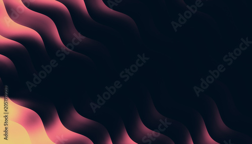 Dark abstract background with glowing pink and yellow grainy fluid waves and empty copy space