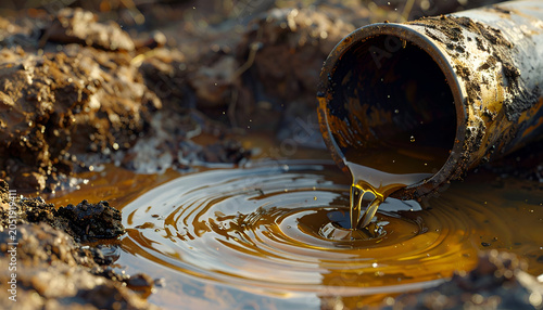 Leaking Rusty Pipe Dripping Dirty Water Onto Muddy Ground.