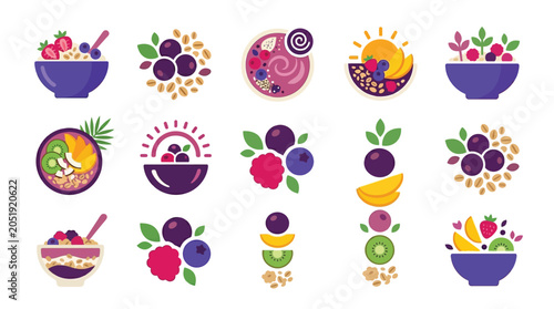 Billede på lærred Collection of colorful flat design icons representing healthy breakfast bowls and fruit assortments