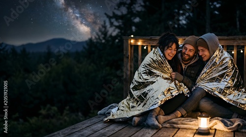 Friends sharing a thermal blanket on a wooden deck under the starry sky