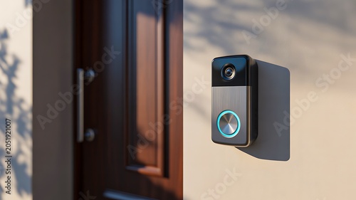 Smart video doorbell installed beside residential front entrance door