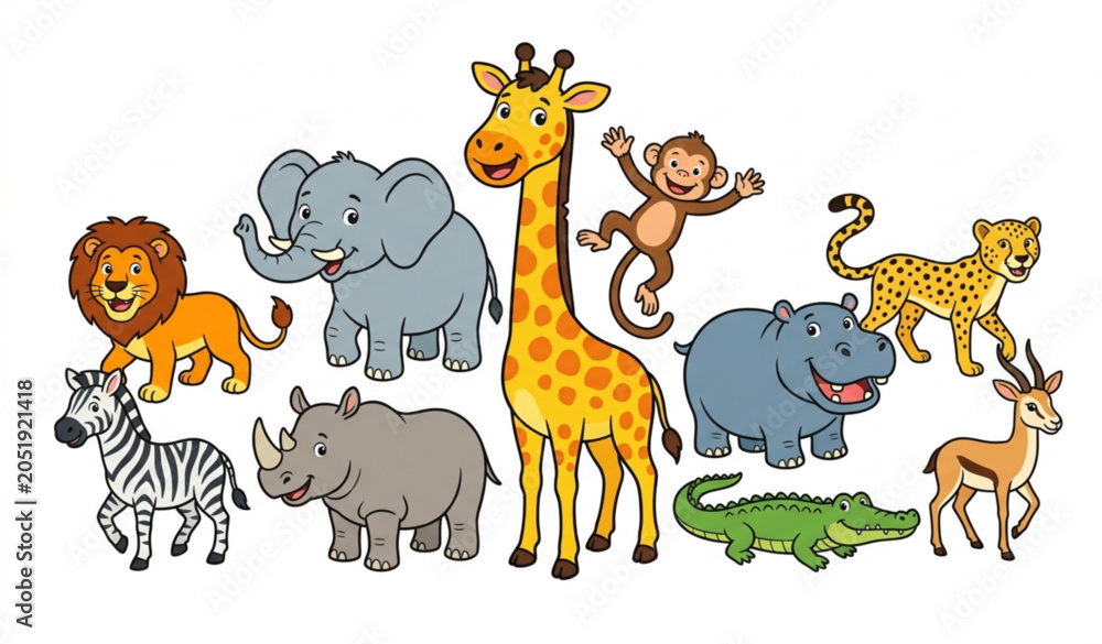 Obraz premium Cute cartoon African animals vector set with giraffe and safari wildlife characters
