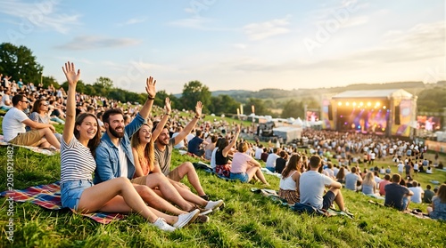 Group of happy young friends enjoying music at an outdoor summer concert