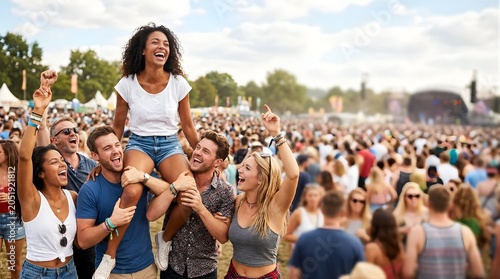 Happy friends laughing and cheering at a summer outdoor music festival