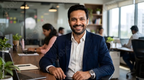 Confident Smiling Indian Businessman in Modern Corporate Office Setting