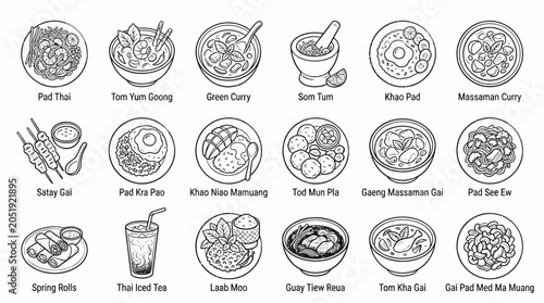 Konstfotografi Collection of hand-drawn illustrations of popular Thai dishes and drinks, presented in a clean, minimalist line art style