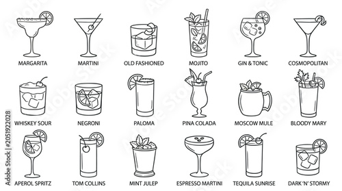 Fényképezés Collection of popular cocktail illustrations in a clean, modern line art style