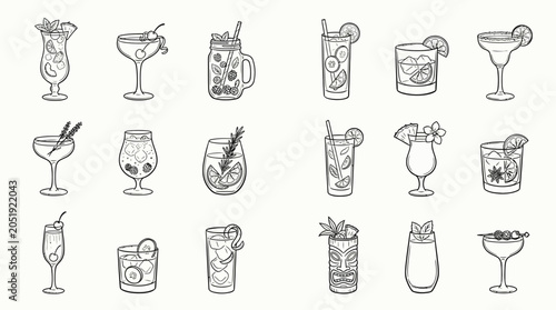 Collection of hand-drawn cocktail illustrations in a clean, minimalist style, perfect for menus and design projects.