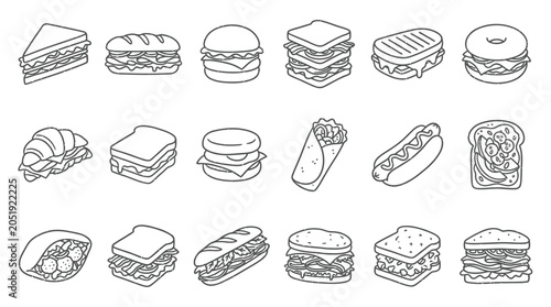 Collection of various sandwiches and fast food items in a clean line art style.