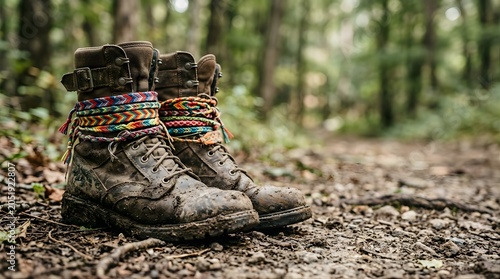Muddy hiking boots with colorful friendship bracelets on a forest trail