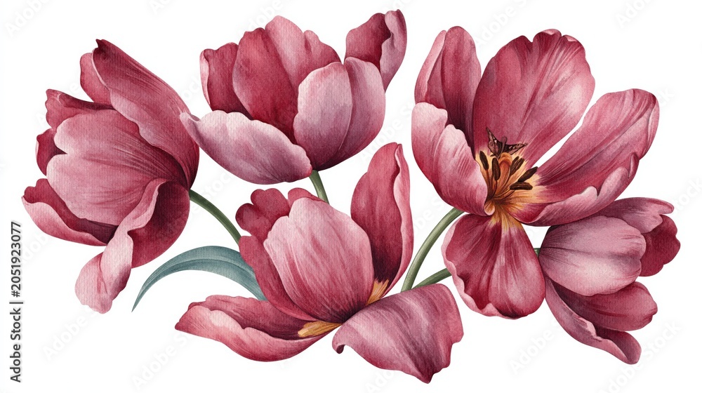 Fototapeta premium Beautiful Watercolor Painting of Deep Pink Tulips with Green Leaves, Isolated on White Background
