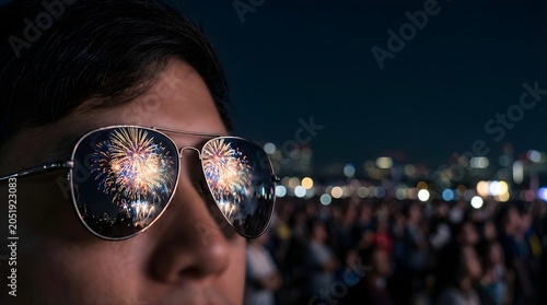 Person watching fireworks reflection in sunglasses during night event