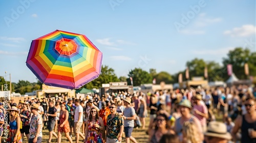 Rainbow umbrella floating above a crowd at an outdoor music festival