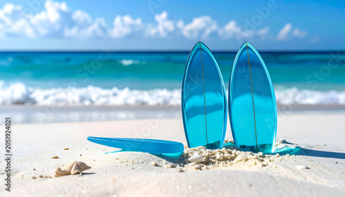 Two Blue Surfboards Standing on a Sandy Beach with Ocean Waves.
