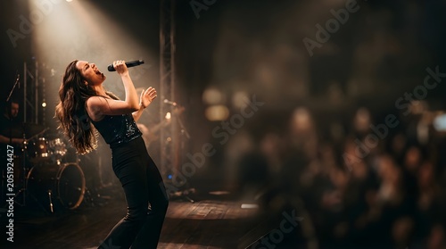 Young female singer performing live on stage at a concert music event