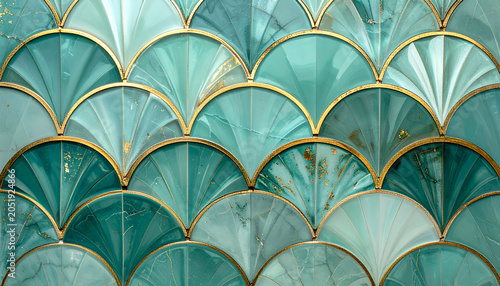 Art Deco Fan Pattern Teal Green and Gold Mosaic Texture.