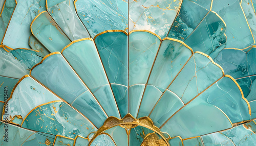 Intricate Teal Green Stone Mosaic Fan Pattern with Gold Accents.