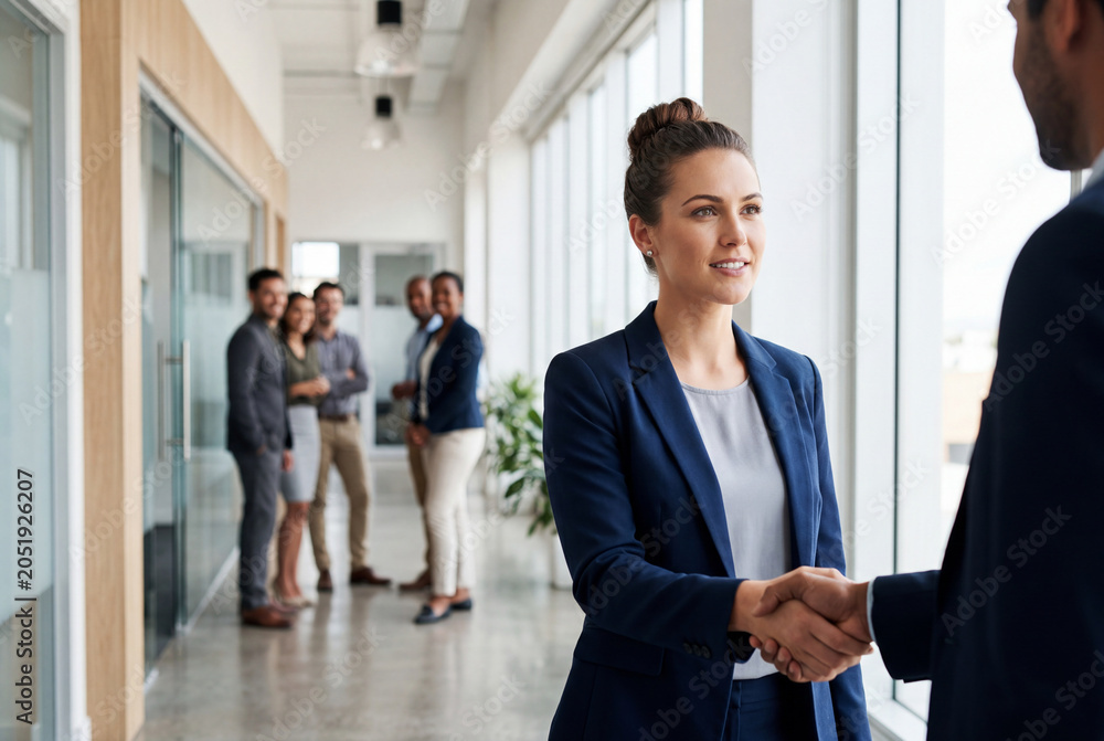 Fototapeta premium Confident young businesswoman in a blue suit shaking hands with a colleague in an office