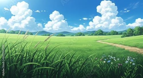 Green field landscape with clouds and distant mountains
