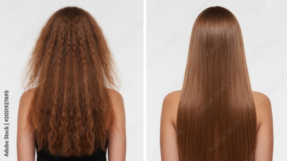 Naklejka premium Before and after comparison of hair transformation from dry frizzy to smooth straight and shiny
