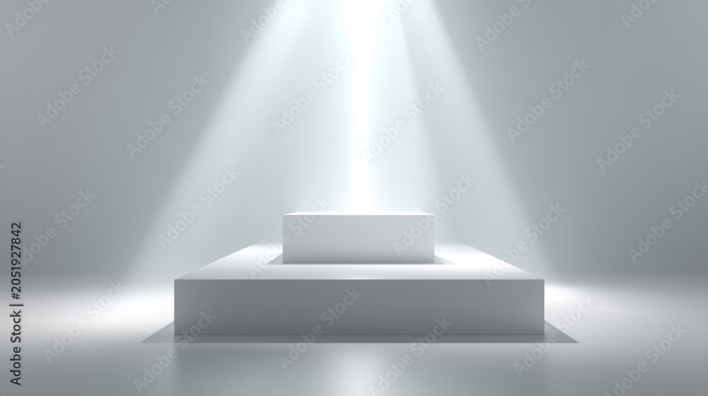 Fototapeta premium Minimal white platform bright light beam white background clean studio geometric stage empty pedestal minimalist display three dimensional render abstract scene modern composition